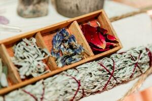 set of dried herbs delphinium, sage, wormwood, lavender, rose. Wormwood wand photo