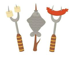 Doodle flat clipart. Set for frying sausages, fish and marshmallows on a fire. All objects are repainted. vector