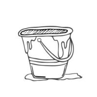 Paint can and brush. Paint bucket with color paint and brush hand drawn vector illustration. Iron bank with paint and brush splash sketch drawing.