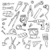 Big doodle set of home repair tools in doodle style. hand and electrical tools, wall painting and woodwork tools, different screwdrivers, drills, hammers, bolts, nails and nuts, measuring tools. vector