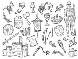 Doodle Medieval Icons Set. Middle Age castle weapons and tools. Vector illustration collection. Hand drawn Line art style. Vector sketch of medieval and history concept