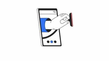 mobil hälsa app animation. animerad läkare hand med stetoskop i smartphone 2d tecknad serie platt Färg linje objekt. 4k video begrepp antal fot på vit med alfa kanal genomskinlighet för webb design