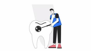 Dental hygiene animation. Animated asian male dentist 2D cartoon flat colour line character. Orthodontist tooth exam 4K video concept footage on white with alpha channel transparency for web design