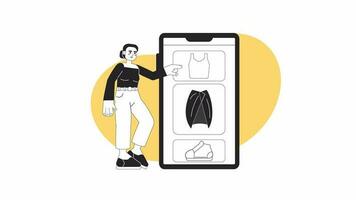 Choosing clothes online bw animation. Animated woman putting outfits together in app 2D flat monochromatic thin line character. 4K video concept footage with alpha channel transparency for web design