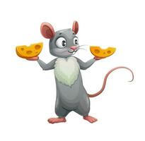 Cartoon mouse and two halves of cheese vector