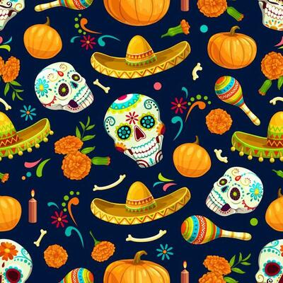 Dia de Los Muertos Mexican vector seamless pattern