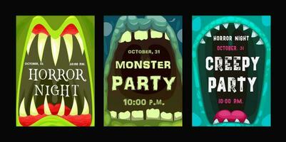 Halloween party vector flyers with monster mouth