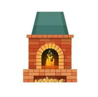 Brick fireplace with firewood and burning fire vector