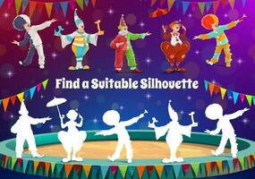 Find circus clown silhouette, kids game riddle vector