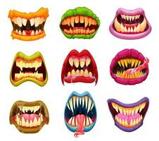 Halloween masks monster mouth, teeth and tongue vector