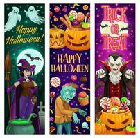 Happy Halloween banners with monsters and sweets vector