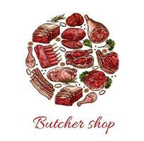 Pork, beef, lamb and chicken meat sketch vector