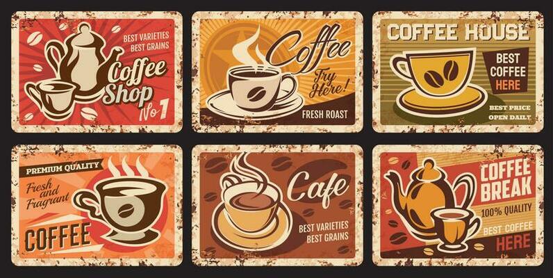Coffee shop, cafe hot drinks rusty metal plates