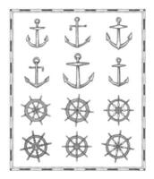 Antique map elements, sail anchor and helm sketch vector