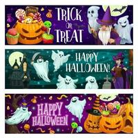 Halloween spooky banners with ghosts and pumpkins vector