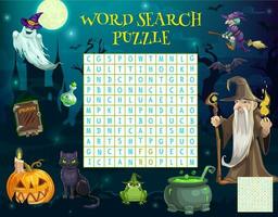 Word search puzzle worksheet, Halloween characters vector