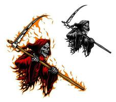 Grim reaper tattoo, scary death with scythe blade vector