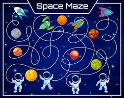 Galaxy space labyrinth maze, planets, astronauts vector