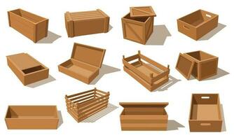 Wooden boxes, vector parcels for goods packaging