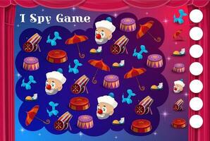 Kids I spy game with circus items and clowns vector