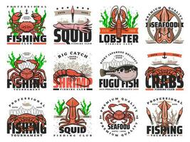 Seafood, fish and fishing sport isolated icons vector