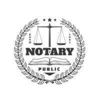 Public notary round icon with wreath and scales vector