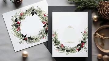 generativo ai, Navidad doble invitación con típico Navidad decoraciones foto