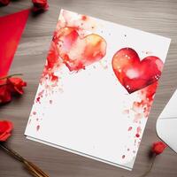 , valentine's day greeting card with watercolor with two big hearts in the center photo