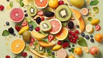 , luminous background filled with various types of fruits. photo