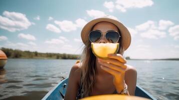 , young girl looking at the camera while wearing sunglasses and holding a piece of watermelon. photo