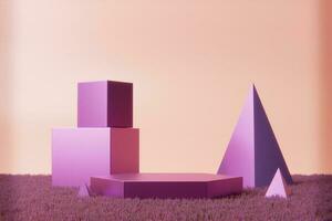 Stand with several metallic pink geometrical figures photo