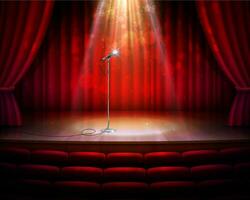 Stage scene with red drapery curtains, microphone vector