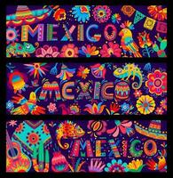 Cartoon Mexican holiday, music and culture banners vector