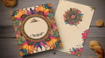 , invitation with hippie style and vegetable and mandala photo