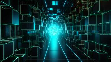 , hallway filled with neon lights and the walls have abstract shapes and patterns. photo