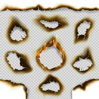 Holes of burnt paper with fire flames, ash, cracks vector