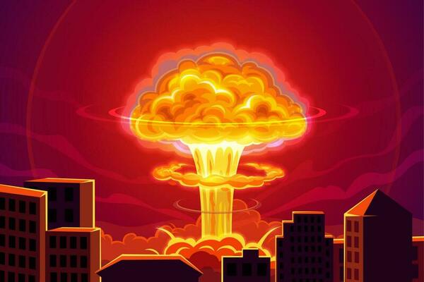 Atomic bomb nuclear explosion in city background