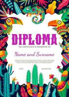 Kid cartoon diploma, Mexican toucans and chameleon vector