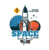 Space explore icon, spaceship rocket and planets vector