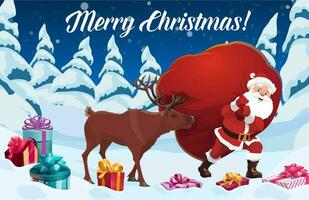Santa Claus and reindeer with Christmas gift bag vector