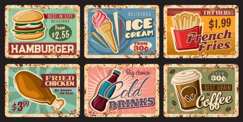 Fast food retro tin signs, burger, drinks, dessert