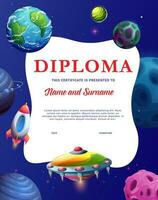 Kids diploma, UFO rocket in fantastic galaxy space vector