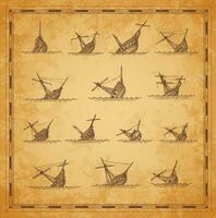 Sunken sailing ships sketches vintage map elements vector