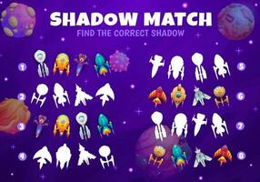 Cartoon starships on shadow match game worksheet vector