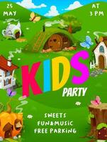 Kids party flyer, cartoon gnome and elf houses vector