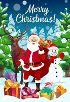 Santa, snowman and reindeer with Christmas gifts vector