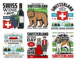 Swiss travel icons, Switzerland Alps mountains vector