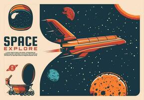 Space exploration spaceship, planets retro poster vector