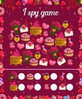 I spy kids game with Valentines day items, riddle vector