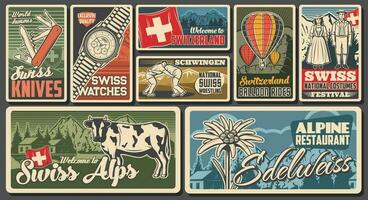 Suiza viajar, suizo puntos de referencia carteles, retro vector